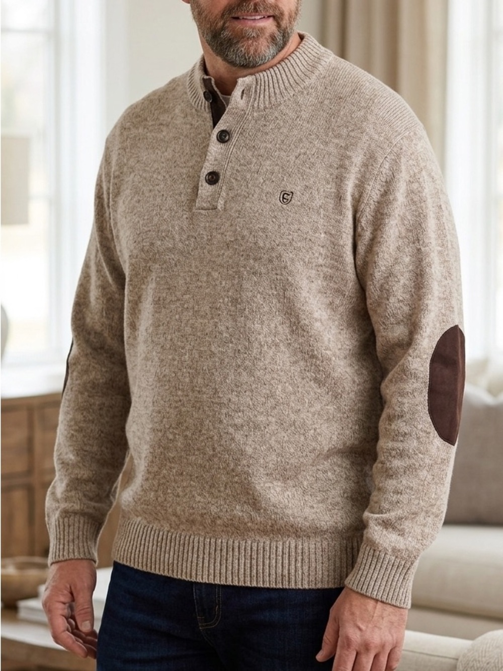 Chaps Men’s 2XB 2TF Henley Sweater Elbow Patches Oatmeal Cotton Big & Tall